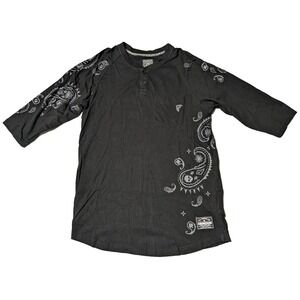 FAMOUS STARS & STRAPS Men Small Black Cotton Paisley Print HENLEY POCKET T-Shirt